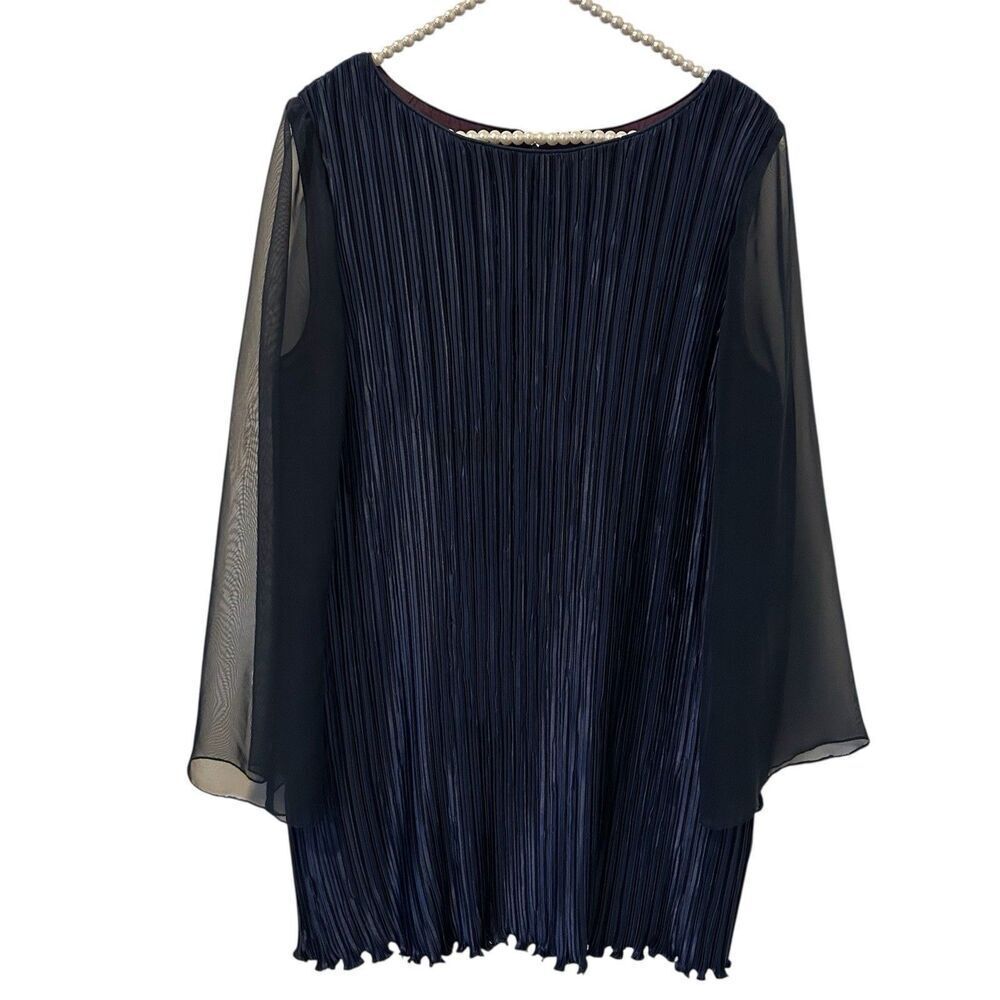 GEORGE‎ F COUTURE Vintage Blue Accordion Pleated Blouse Tunic Sz 20 Sheer Sleeve